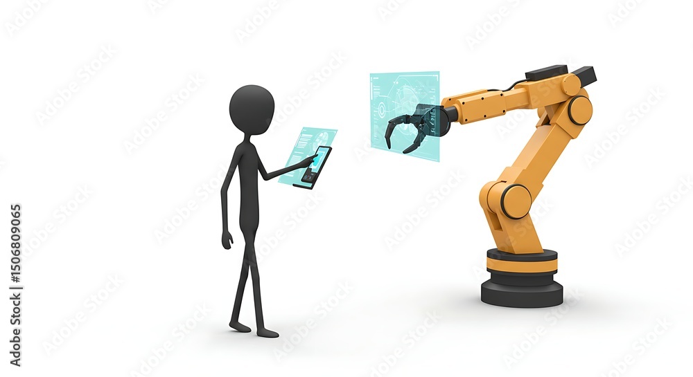 Poster robotic arm interacting with a stick figure using holographic in