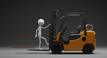 Simple Figure Stepping Onto Orange Forklift