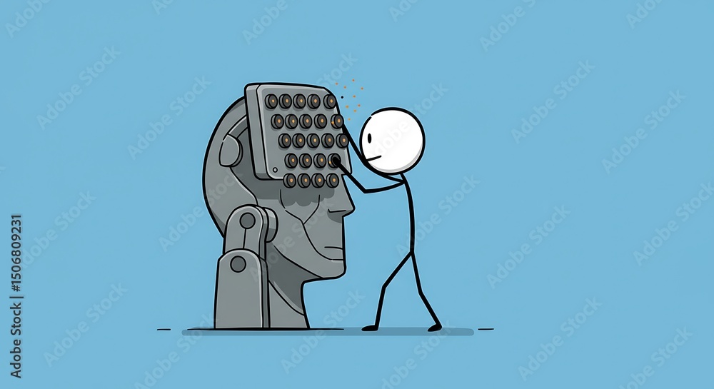Poster stick figure activating robotic head with grid interface