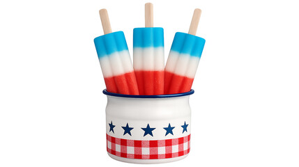 Red, White, and Blue Popsicles in Patriotic Container – 4th of July Frozen Treat on Transparent Background



