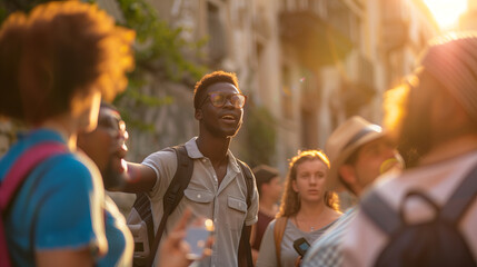 Male tourist guide showing European city to the group of tourists