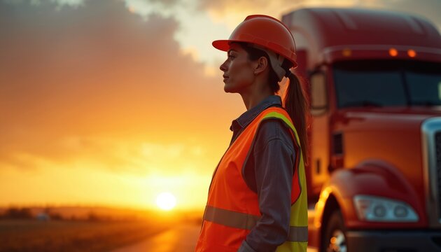 Fototapeta Woman trucker stands by her semi truck at sunset. Female driver in orange hard hat, reflective vest. Commercial transportation concept. Road logistics. Cargo delivery. Semi-truck parked at sunset.