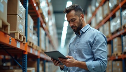 Man in warehouse with tablet, manages inventory. Logistics, supply chain, warehouse management, optimization, strategy focus. Boxes on shelves. Business, industry, stock, distribution, delivery,