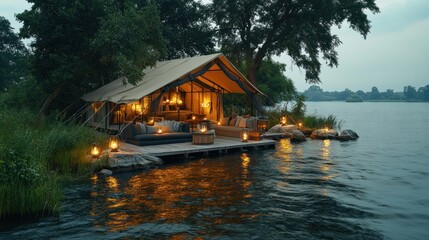 Obraz premium Rustic lakeside cabin at dusk