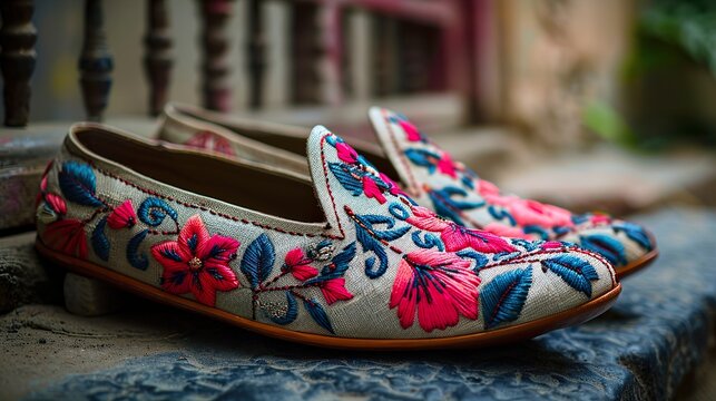 A pair of traditional Punjabi jutti shoes with intricate embroidery. 