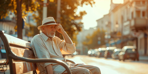 Old man suffering from extremely high temperature, heat stroke and dehydration on a street of a city. Heat waves, global warming and climate change concept.
