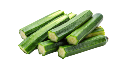 Freshly cut green zucchini sticks on a white background, top view