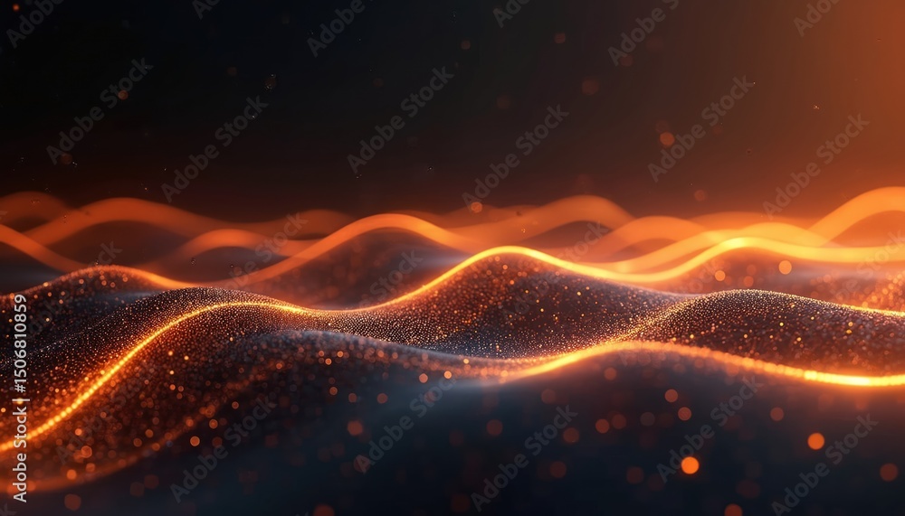 Poster Abstract digital tech background with dynamic wavy orange, white lines over dark black background. Modern wave curves for futuristic tech themes illustration. Digital design for wallpaper template.