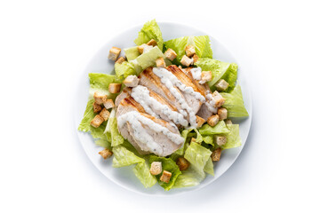 Classic Caesar Salad. Fresh and crunchy Caesar salad with chicken isolated on white background