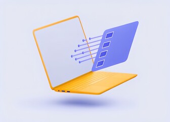 Discover Modern 3D Icon Designs of Yellow Laptops with Purple Data Connectivity Interfaces for Technology, Digital Workflows, and Innovation Projects