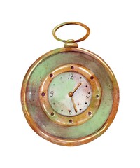 Vintage pocket watch covered with rust and patina antique accessory retro metal dial mechanism time old collectible item decoration classic watercolor clipart isolated on white background