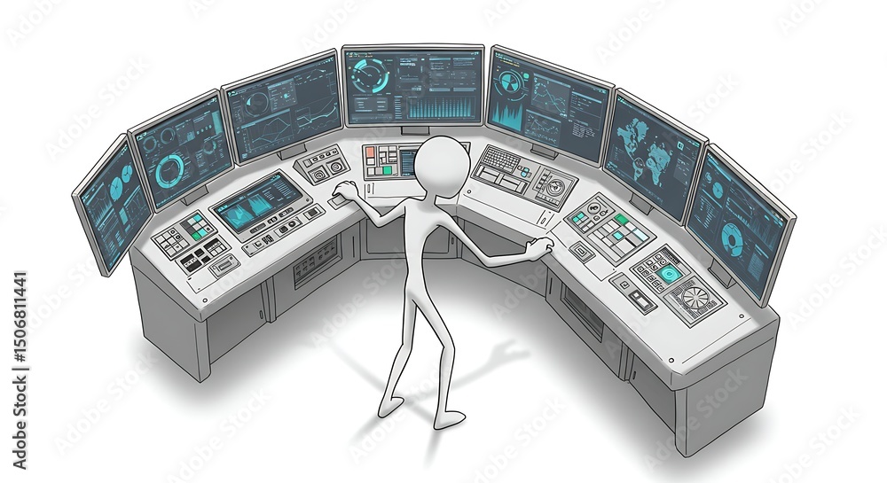 Poster stick figure operates futuristic control panel with multiple dis