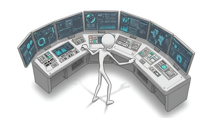 Fototapeta premium Stick Figure Operates Futuristic Control Panel with Multiple Dis