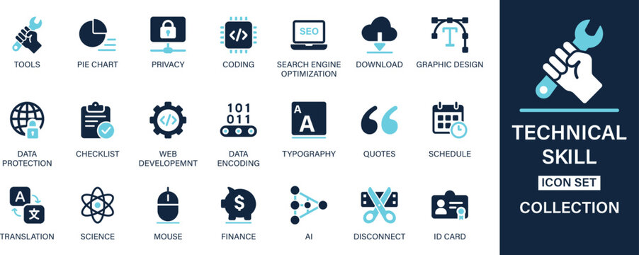 Technical skill icon set collection. Tools, pie chart, privacy, coding, search engine, graphic design, data protection, checklist, data encoding. And solid icon set.