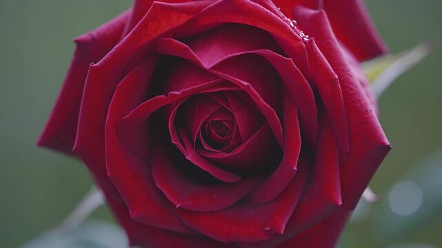 Vibrant red roses gradually unfolding, revealing delicate petals glistening with water droplets, forming intricate natural pattern of botanical beauty