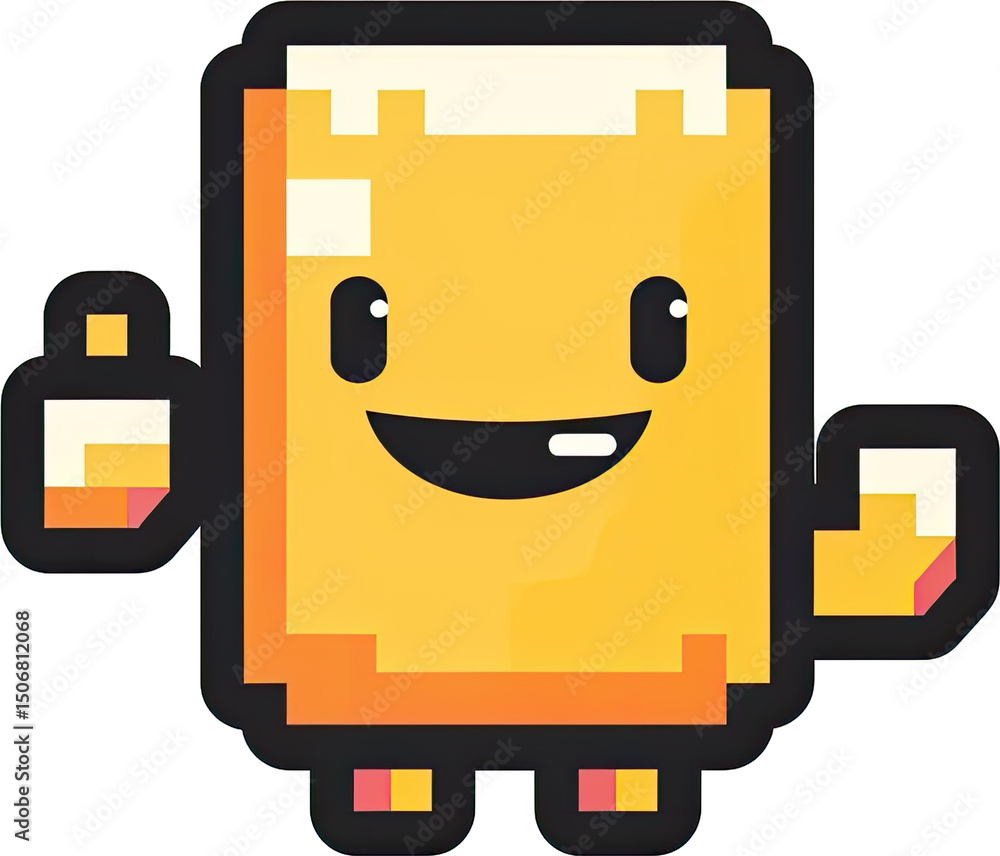 Poster pixelated character with a joyful expression.