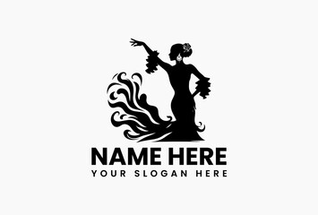 Beautiful vector silhouette of a dancing woman in a dynamic pose with an artistic flowing dress pattern