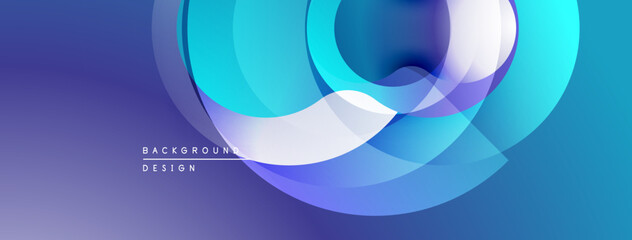 Abstract design features overlapping circles, gradients. Blue, purple hues create modern visual effect. Minimal text present.