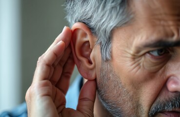 Fototapeta premium Closeup of man holding his ear, facial expression shows difficulty hearing. Senior adult with hearing problem, possible ear damage. Sign of hearing loss. Health issue.