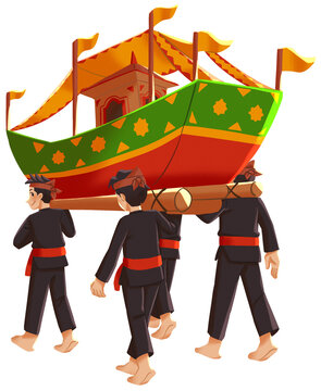 Dayak Men Carrying Decorative Boat in Irau Festival Illustration
