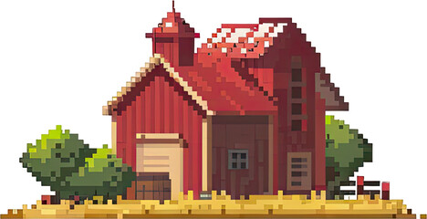 Pixelated red barn on a hayfield.