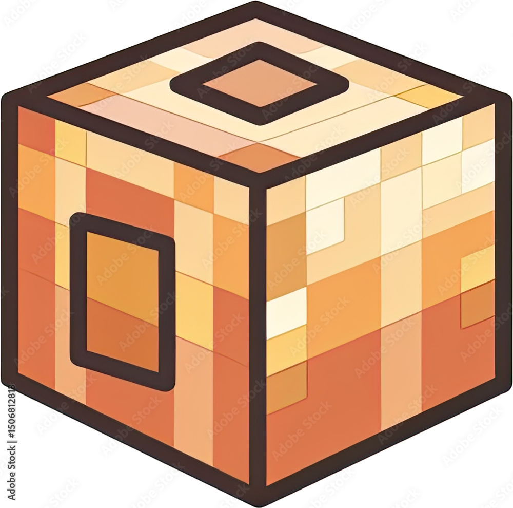 Poster a three-dimensional cube with a pixelated surface.