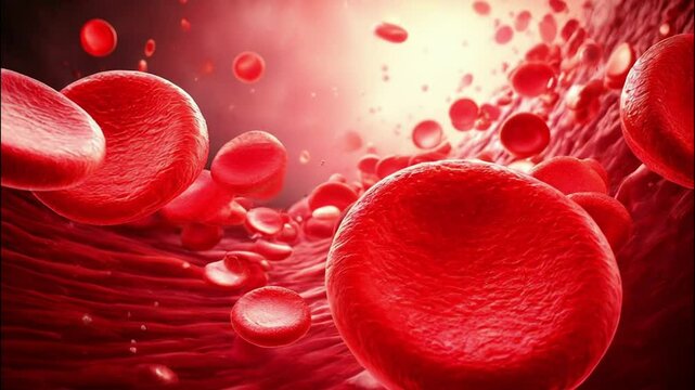 3D Animation of Microscopic View of Flowing Red Blood Cells in Blood Stream. Medical Illustration. 4K