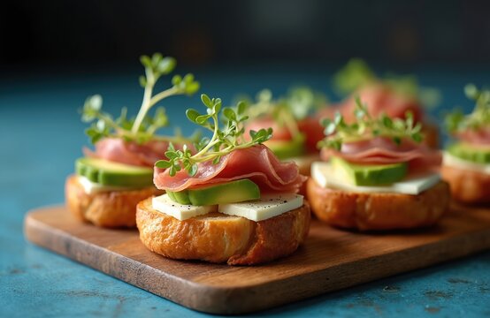 Delicious aperitifs with avocado, jamon ham serrano, cheese on toasted bread. Tasty snacks, appetizers, tapas on blue background. Fresh Mediterranean cuisine. Food photography perfect for menu banner.