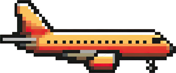 Pixelated orange and red airplane graphic.