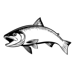 Black and White Vector Illustration of a Leaping Salmon Fish in Bold Tribal-Inspired Style