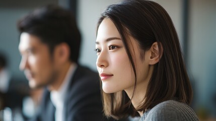 オフィスで男性と並ぶビジネスウーマン