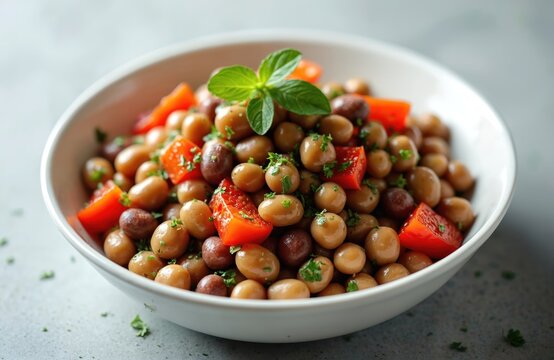 Delicious Turkish kuru borulce salatasi salad with black-eyed peas, tomatoes, mint, parsley. Healthy vegan food. Fresh, natural, organic ingredients. Culinary photo, food photography.