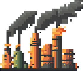 Pixelated industrial scene with smoke stacks.