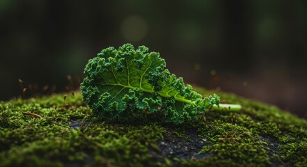Obraz premium A vibrant kale leaf resting on a moss-covered stone in a serene forest, highlighting nature's beauty and freshness - picture kale