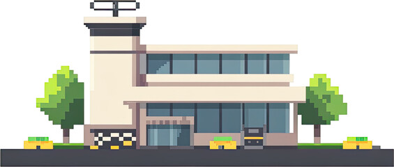 Pixel art building with trees and cars.