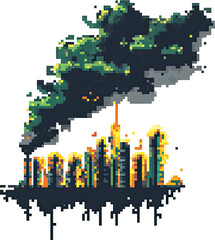 Obraz premium Pixelated city skyline engulfed in smoke and flames.
