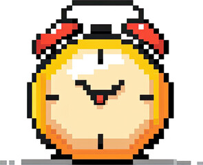Pixelated clock with a comical expression.