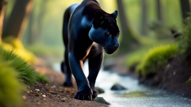 Single black panther walking slowly nearest with small stream on forest background. Suitable for marketing or business purposes