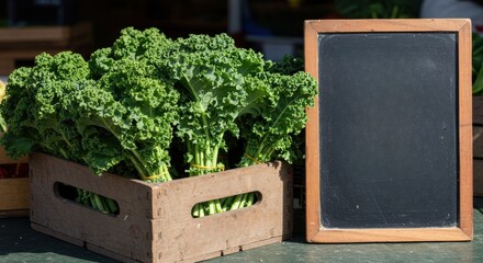 Fresh kale displayed in a wooden crate at a vibrant market, with an empty chalkboard ready for menu updates in the background - picture kale