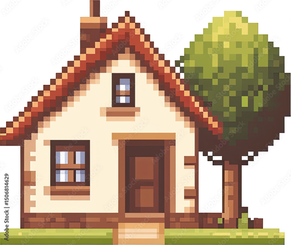 Poster pixelated house with a tree in a simple style.