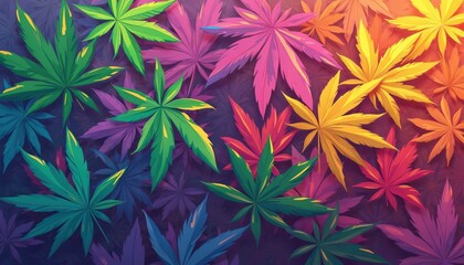 Illustration vibrant abstract background with many overlapping cannabis leaves in green, purple, yellow colors. Layered dimensional effect with leaves pattern. Trendy graphic art. Suitable for