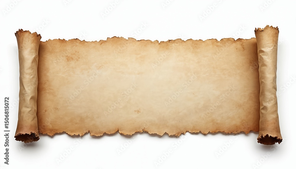 Poster Old parchment scroll isolated on white. Horizontal paper roll with blank empty space. Ancient document texture, aged paper. Vintage, antique, retro background design.