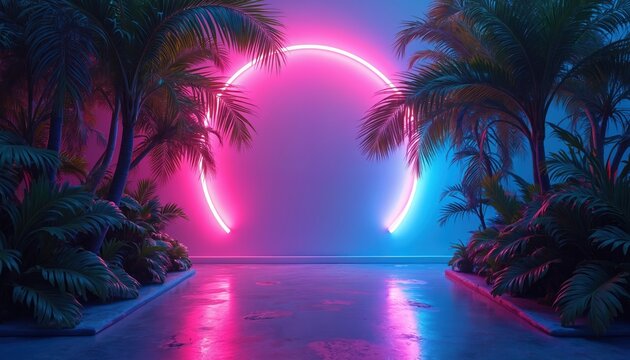 Neon illustration of tropical landscape with palm trees. Vivid pink and blue colors creating retro 80s 90s vibes. Miami style futuristic nightlife, rave party, holiday atmosphere.