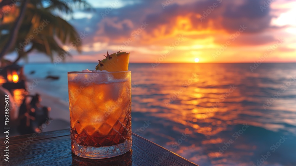 Poster Cocktail with a slice of pineapple is placed on a table as the sun sets over the ocean.