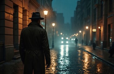 Male detective in hat raincoat stands on rain-soaked street in film noir style. Retro city lights reflect on wet pavement. Mysterious, dark atmosphere evokes thriller, crime narrative.