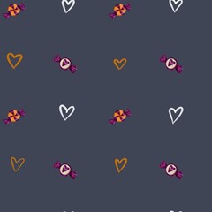 Charming seamless pattern showcasing Halloween sweets and autumn hearts on a dark backdrop