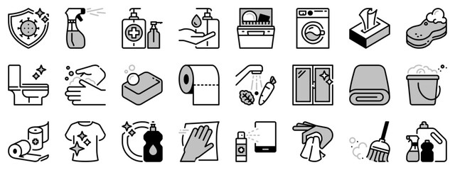 Icons in two tones about clean and disinfect.