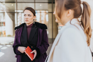 Two businesswomen engage in a conversation outside a modern building, one holding a bright red...