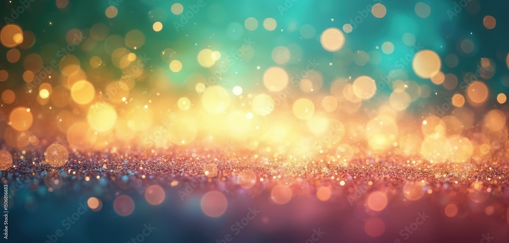 Aufkleber Abstract background with cascade of shimmering bokeh effect. Rainbow color palette creates festive joyful atmosphere. Bright lights glisten, sparkle, shimmer, illuminating party, celebration, dreamy