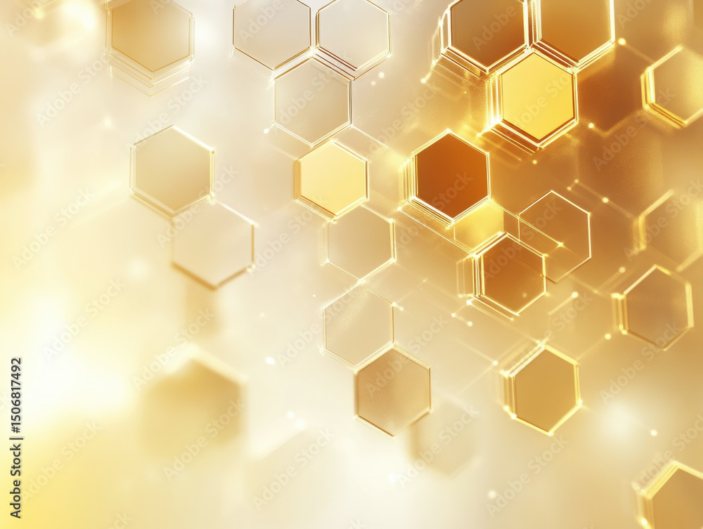 Poster abstract golden hexagonal pattern with shining light effects creating depth